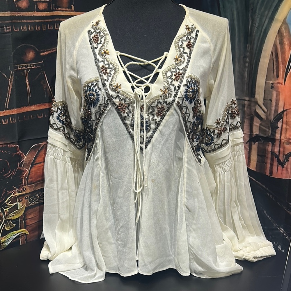 Free People Embroidered White Boho Top